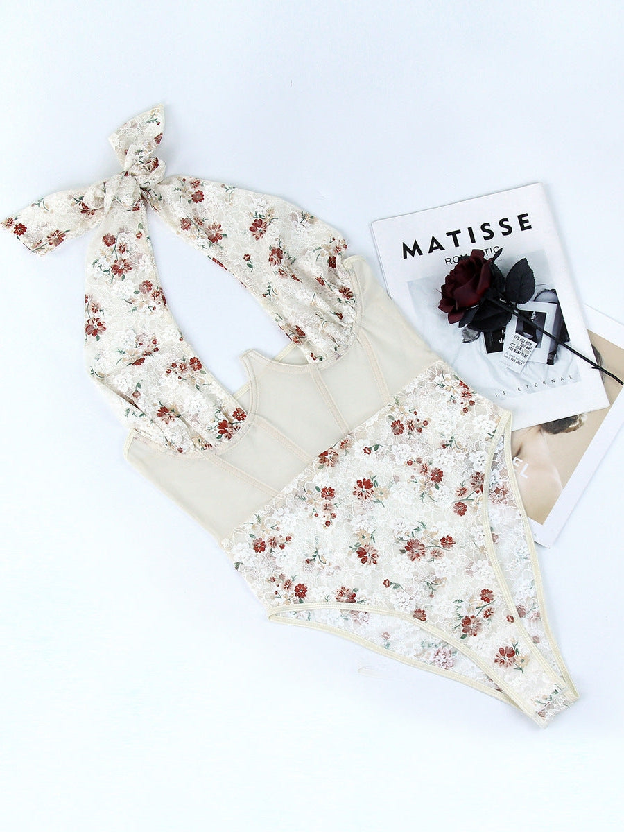 Floral Print Halterneck Boning Corset Lace Bodysuit