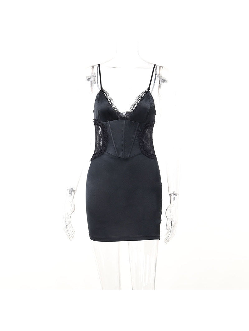 V Neck Lace Waist Hollow Out Bodycon Dress