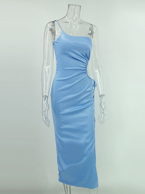 Diamond Strap One Shoulder Asymmetric Lace Up Split Dress