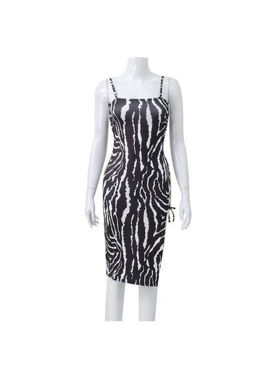 Spaghetti Strap Lace Up Split Zebra Print Dress