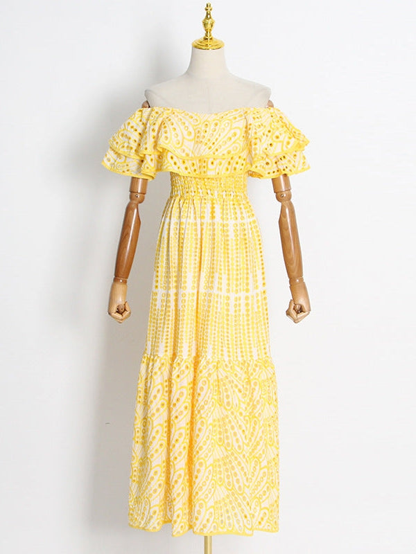 Off Shoulder Embroidered Cutout Maxi Dress