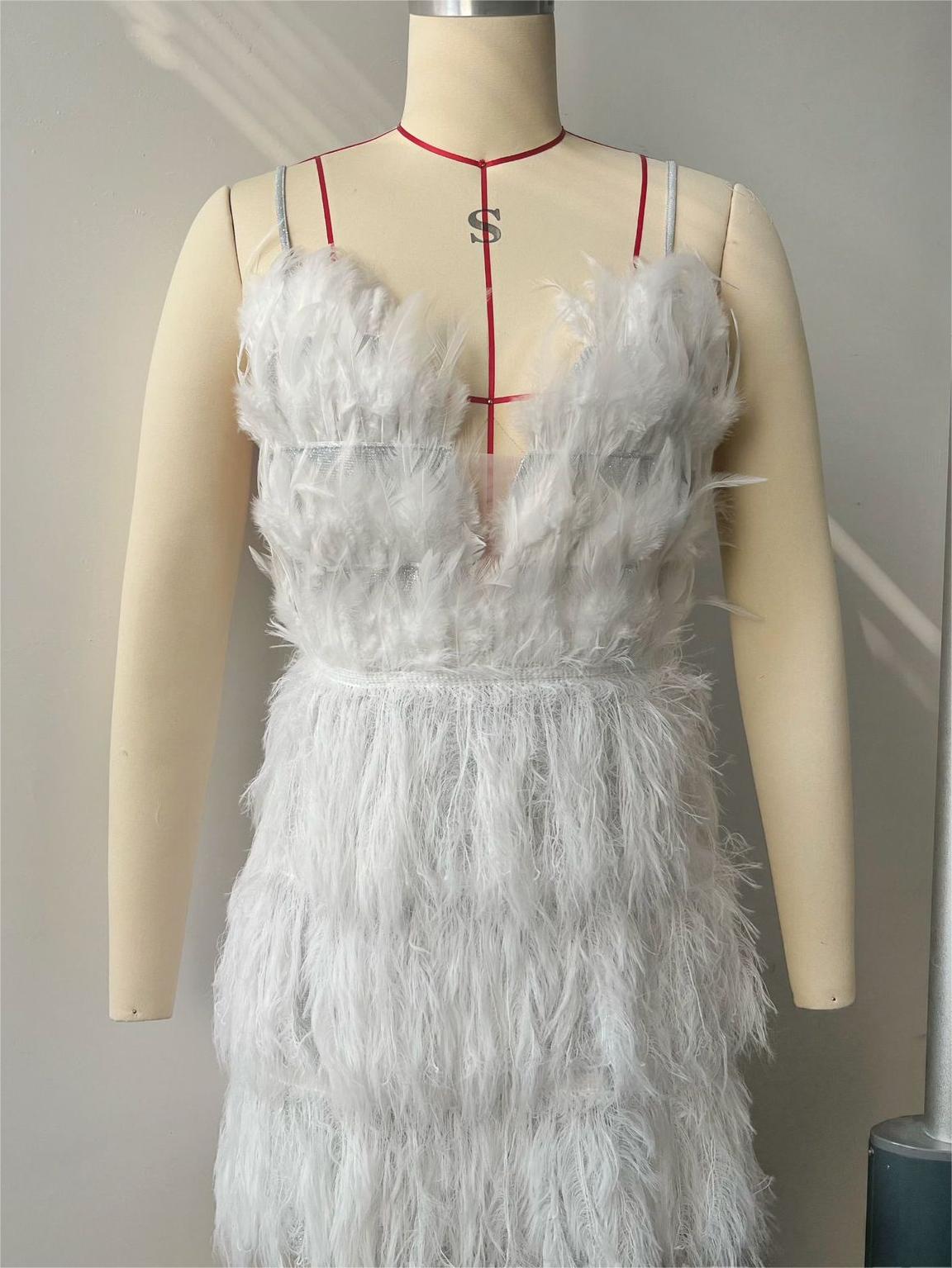 Deep V Plunge Neck Feather Cami Dress