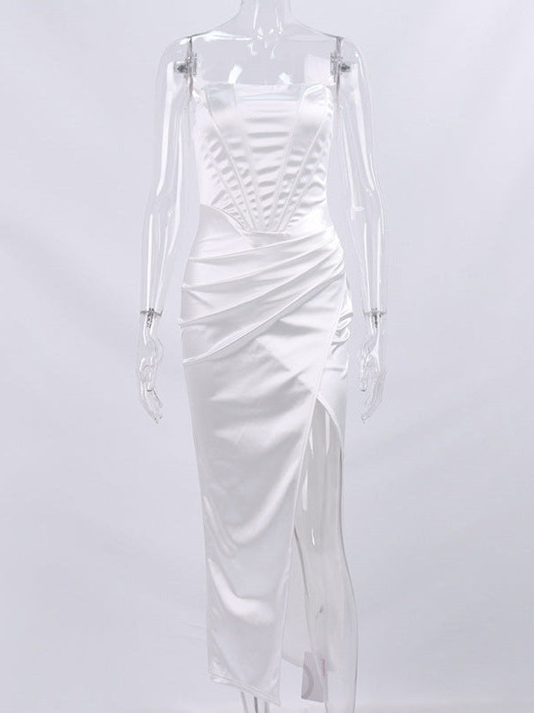 Satin Boning Corset Tube Top High Slit Dress