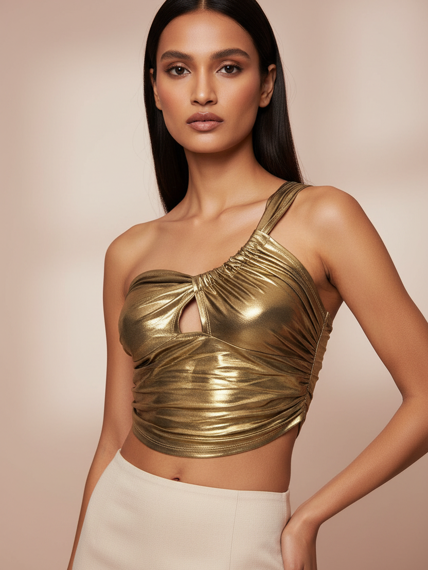 Exclusives metallic golden one-shoulder crop top with front keyhole and ruched detailing