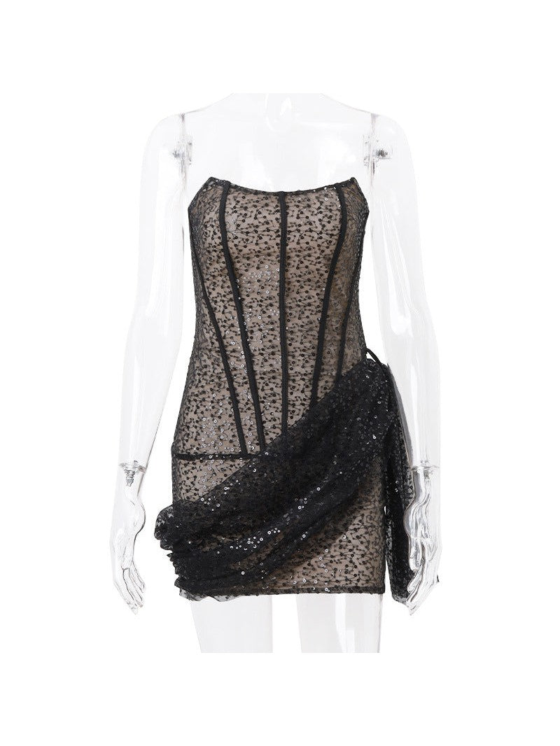 Sequins Boning Lace Fishnet Tube Ribbon Dress