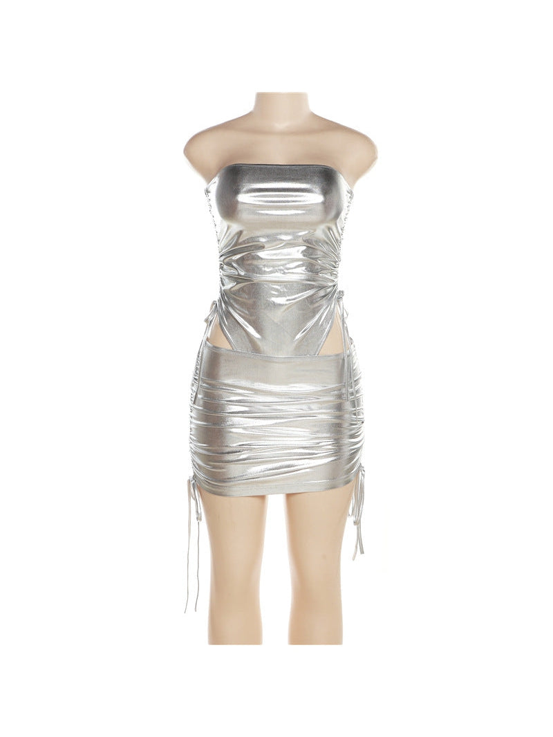 Metallic Tube Top & Drawstring Ruffle Hip Skirt Set