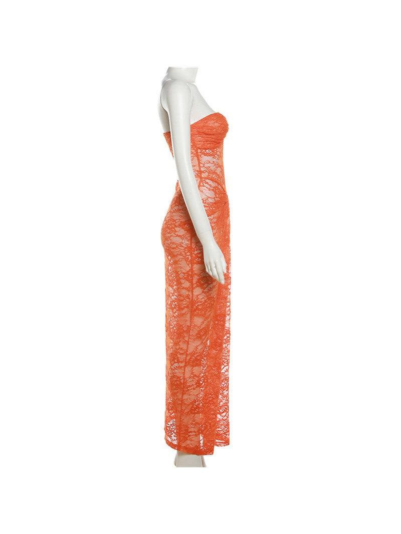 Orange Bandeau Lace See Through Sheath Dress
