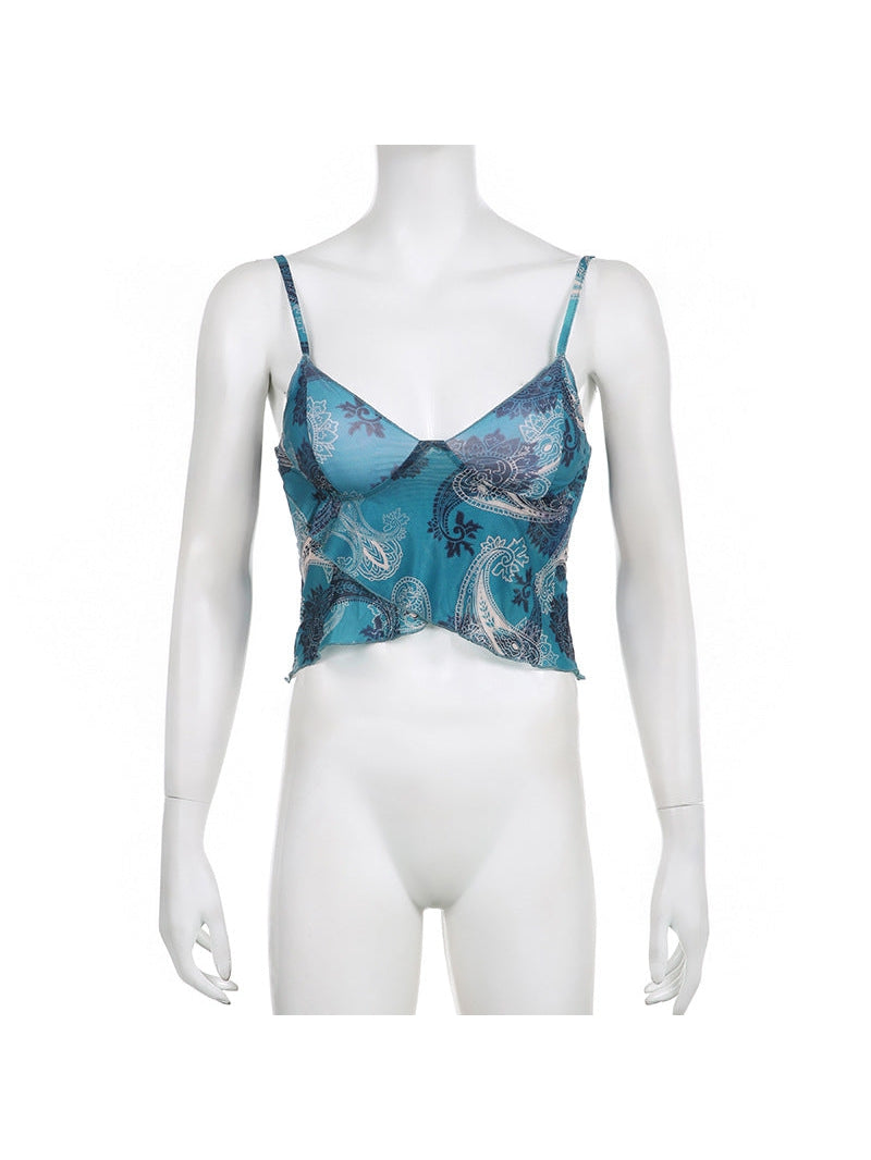 Bohemian Floral Mesh Print V neck Asymmetric Top