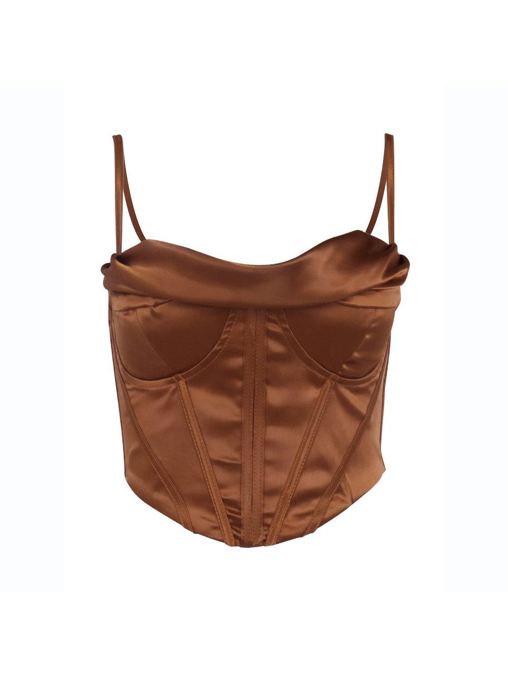 Pile Collar Satin Pleated Boning Corset Camisole Top