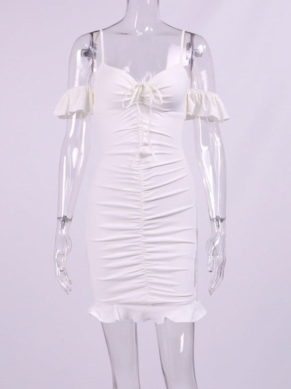 Spaghetti Strap Off Neck Ruffles Pleated Backless Slip Dress