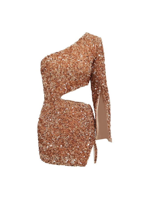 Black Sequins One Shoulder Cocktail Dress with Hollow-out