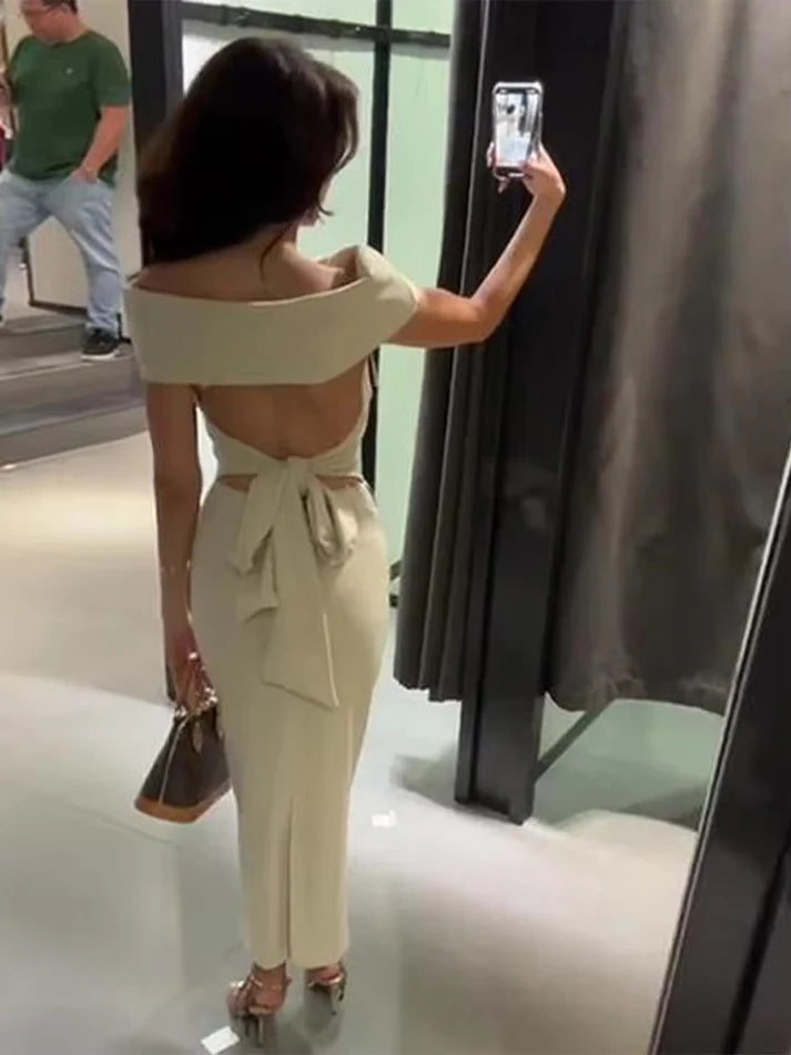 jersey backless dress Elegant Bow-Tie Shoulder Maxi Dress – Wearlina