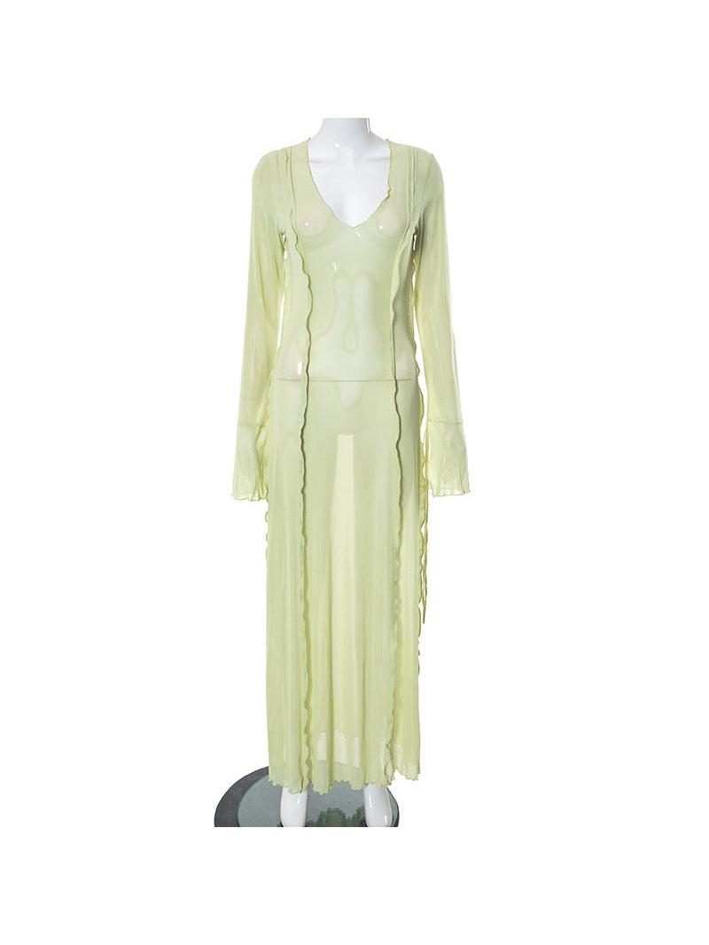 Low Cut Bell Sleeve Lace Long Mesh Dress