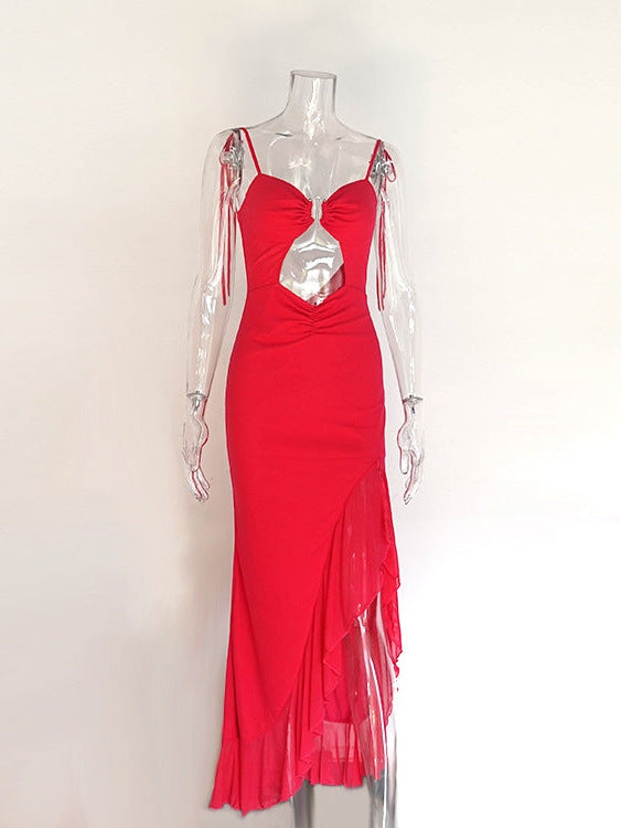 Spaghetti Strap Lace Backless Cutout Frill Dress