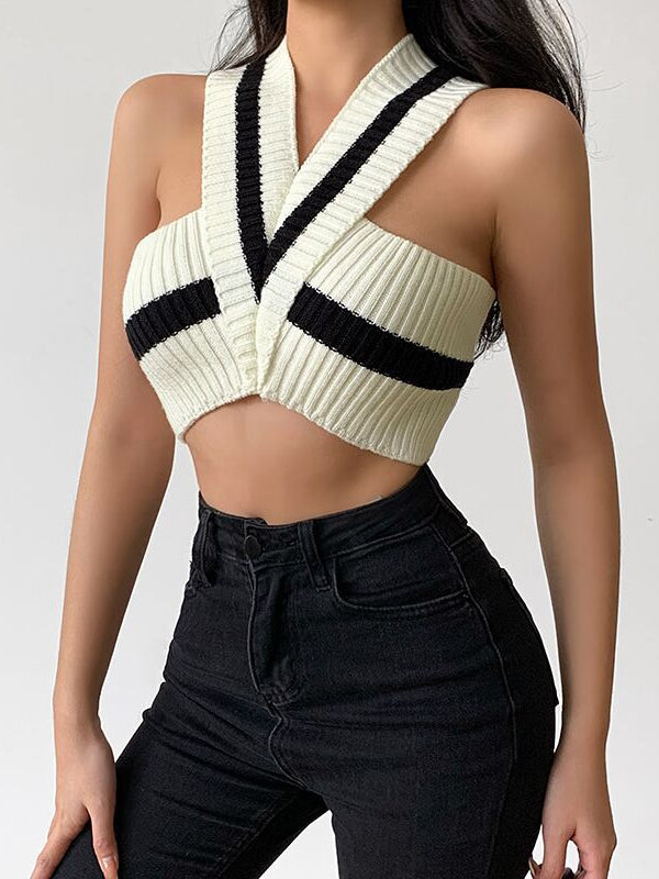 V Neck Knitted Vest Striped Halter Crop Top