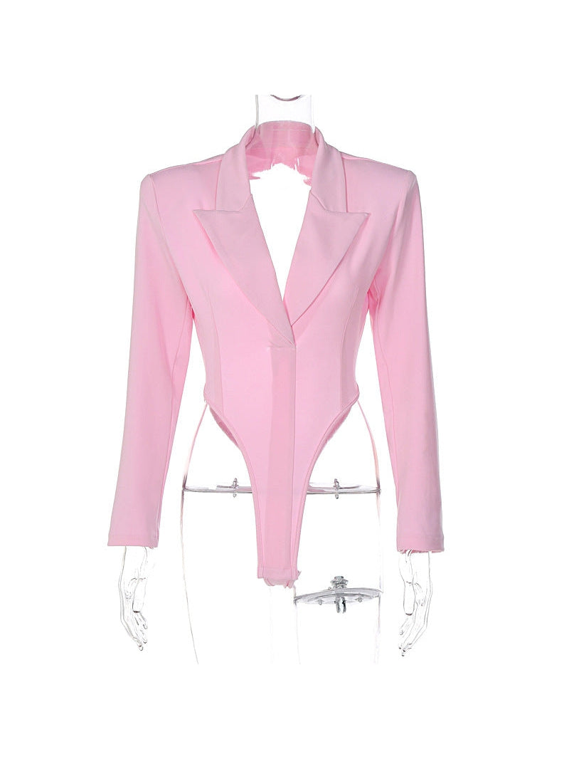 Pink Blazer Style Backless Bodysuit