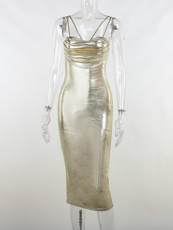 Spaghetti Strap Metallic Pile Collar Sheath Dress