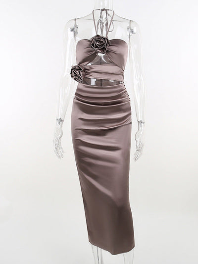 3D Floral Satin Cutout Dress