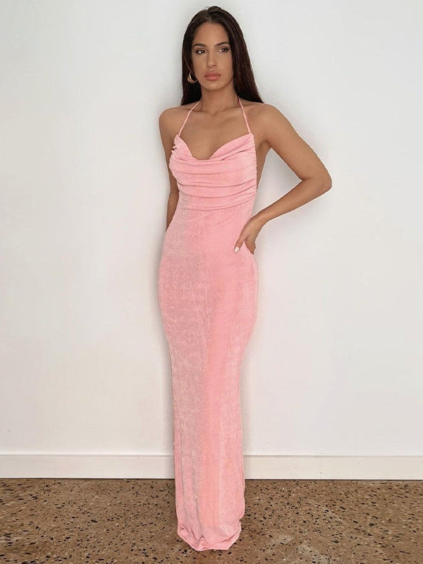 Pink Cowl Neck Backless Maxi Dress
