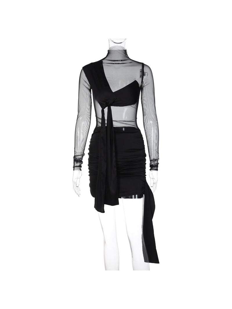 Mesh Stitching Sheer Long Sleeve Dress