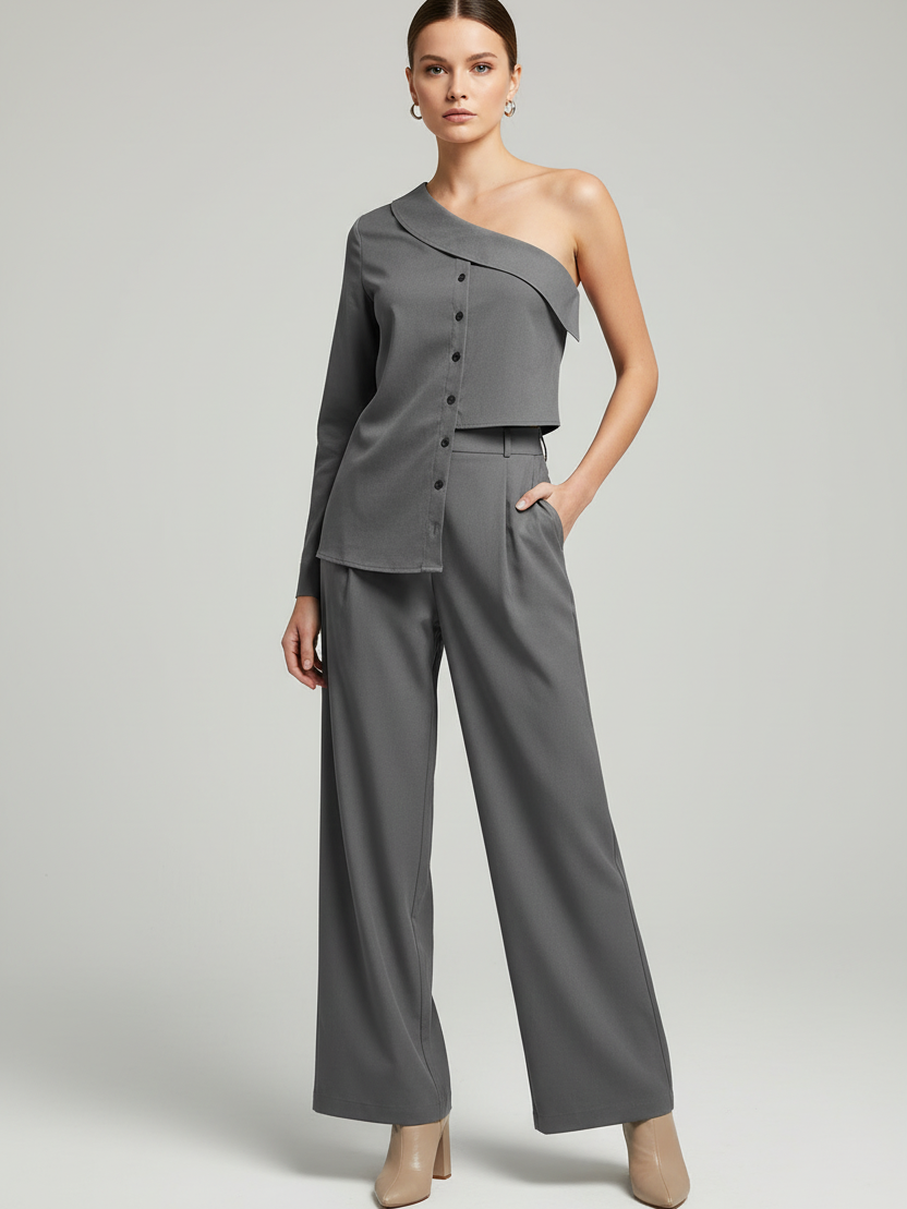 One-shoulder asymmetric top and wide-leg pants combo set in gray by Exclusives, on sale