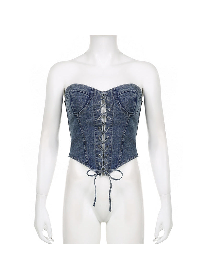 Lace Up Denim Corset Top