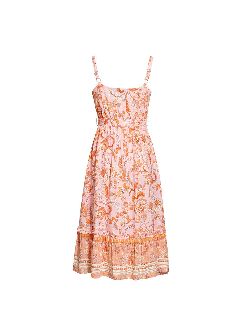 V Neck Spaghetti Strap Floral Print Midi Dress