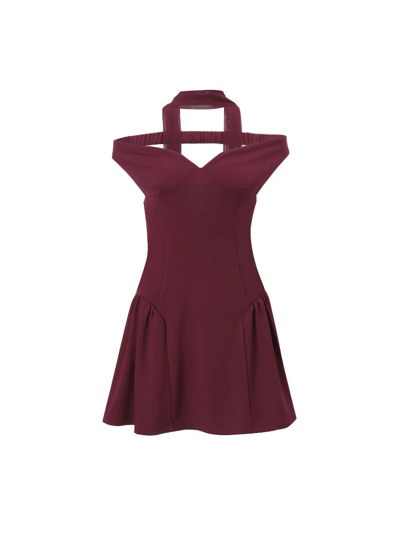 Off Shoulder Deep Neck Flare Short Dress With Scarf