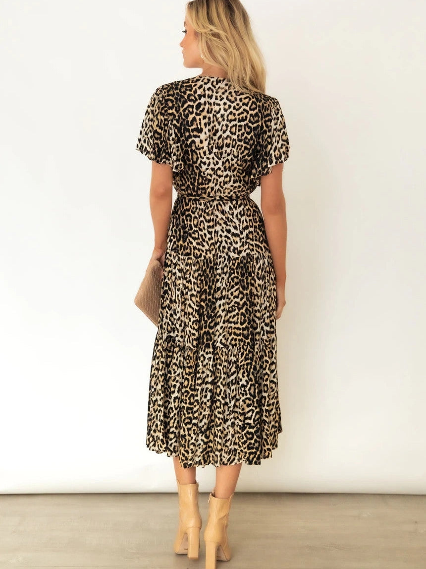 Animal Print V Neck Belted Dress