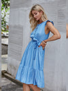 Blue Sleeveless Ruffles Midi Dress