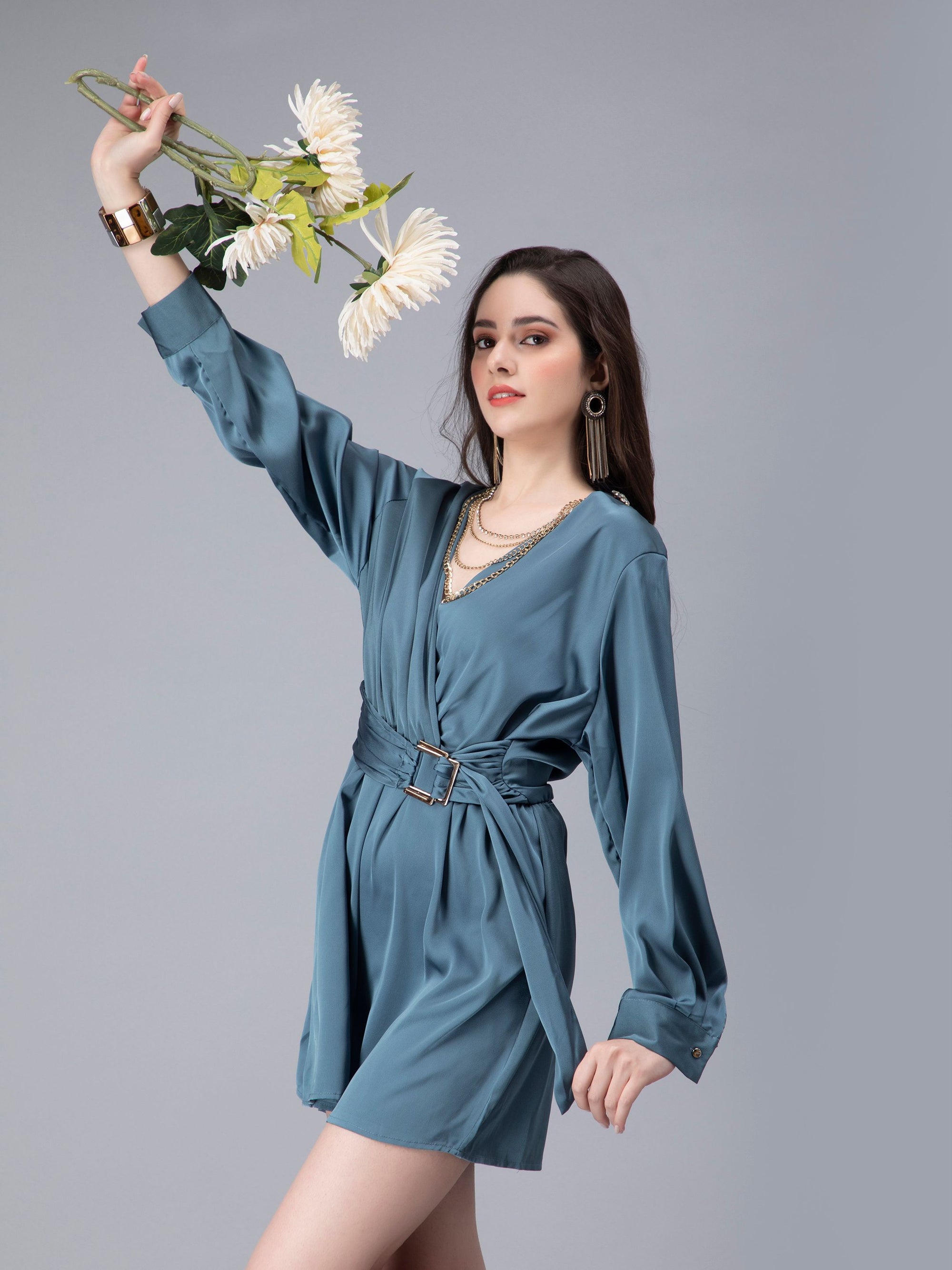 Satin Romper Wrap Dress with Belt