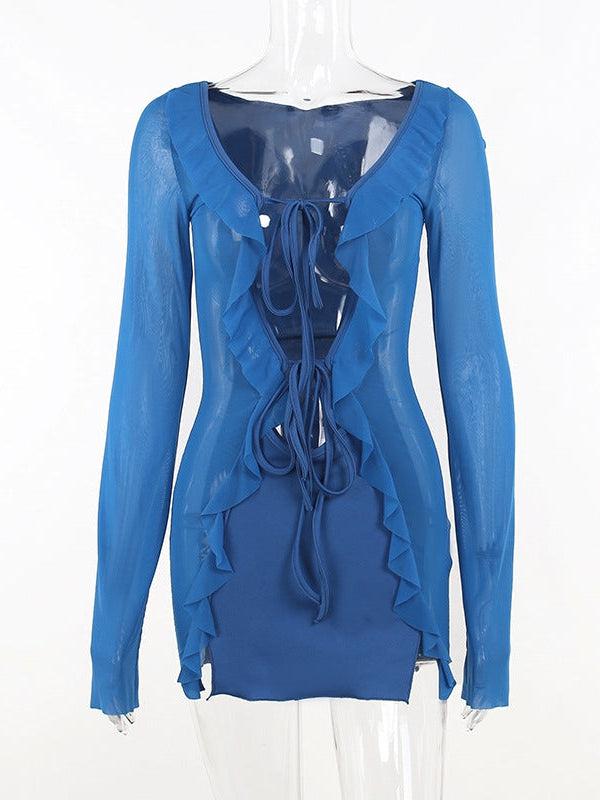 V Neck Ruffle Long Sleeves Bodycon Short Dress