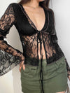 V Neck Tied Slim Fit Lace Hollow Top