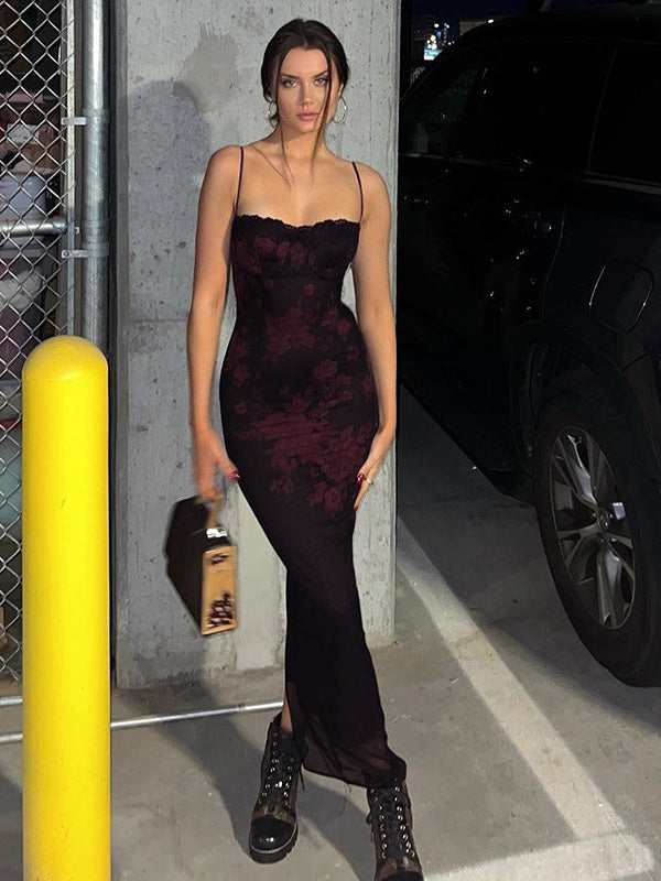 Spaghetti Strap Lace Slim Sheath Print Retro Dress