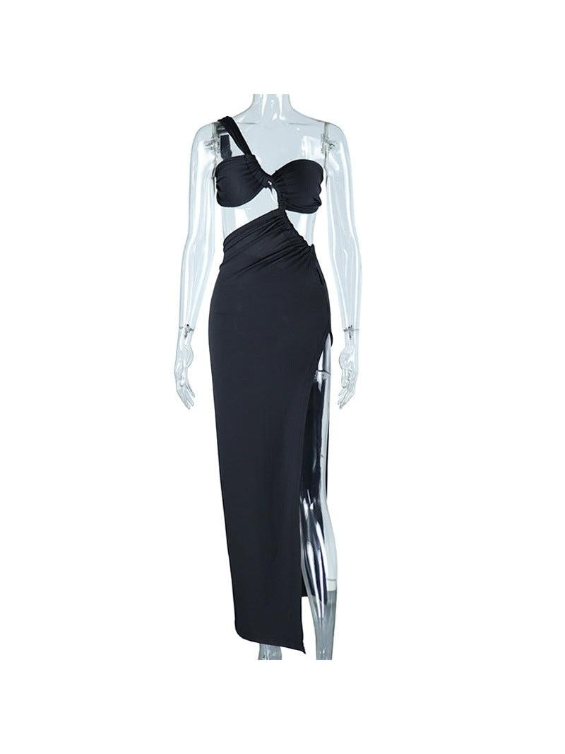 Black one-shoulder bandeau twist maxi dress with left shoulder strap, twist detail at bust, backless and thigh-high slit