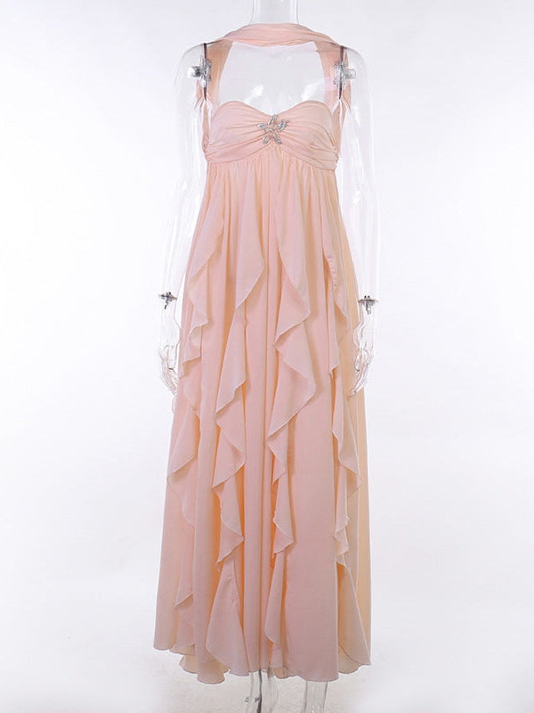 Star Applique Halter Tube Ruffle Slit Maxi Dress