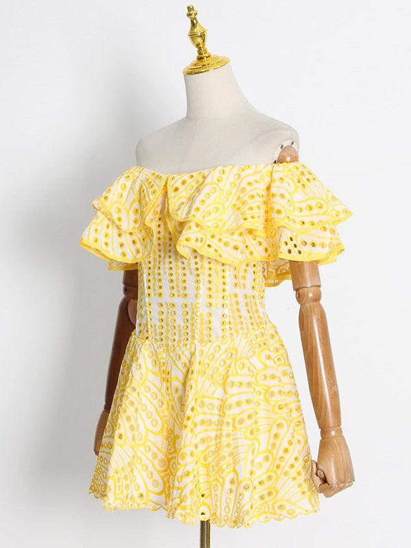 Yellow off-shoulder short dress with large ruffled neckline and white cotton eyelet embroidery.