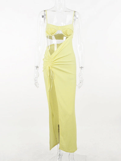 Yellow Spaghetti Strap Drawstring High Split Dress