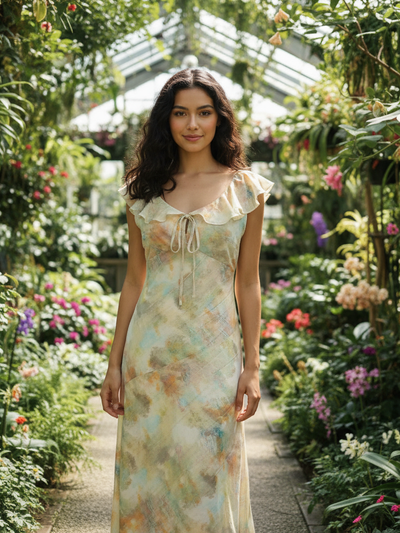 Abstract Print Scoop Neck Frilled Tie up Maxi Dress