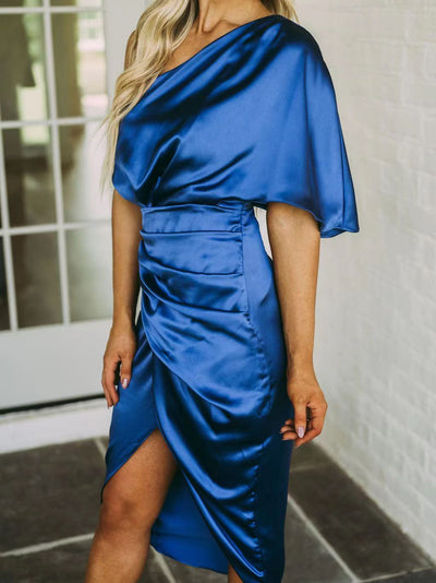 Blue One Shoulder Satin Ruched Dress