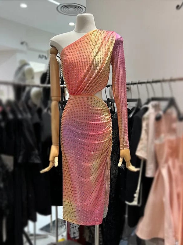One Shoulder Rhinestone Mesh Tulle Cutout Slit Dress