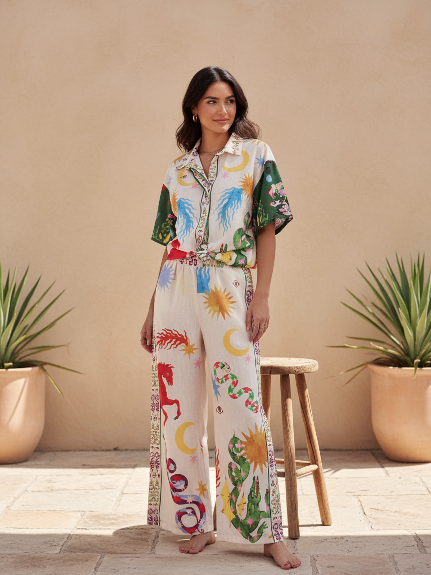 Half Sleeve Sunshine Crocodile Print Shirt & Pants Coord Set