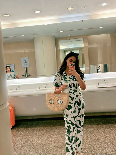 Abstract Print Top with Cargo Pants Coord Set