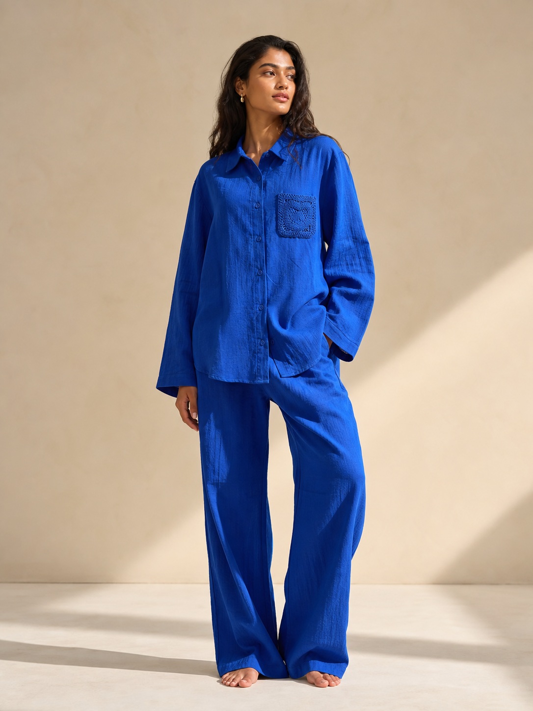 Embroidered Pocket Shirt and Pants Coord Set, blue two-piece on sale
