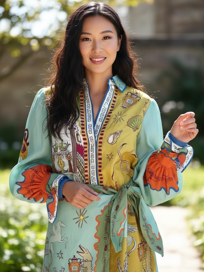 Vintage Lobster Print Puff Sleeve Wrap Short Dress