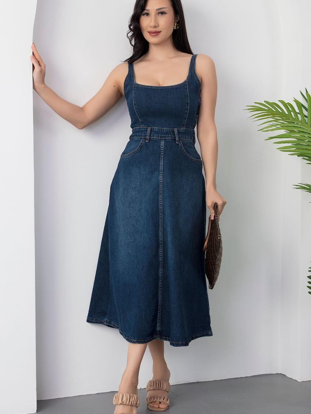 denim maxi dress online india Spaghetti Strap Denim Midi Dress