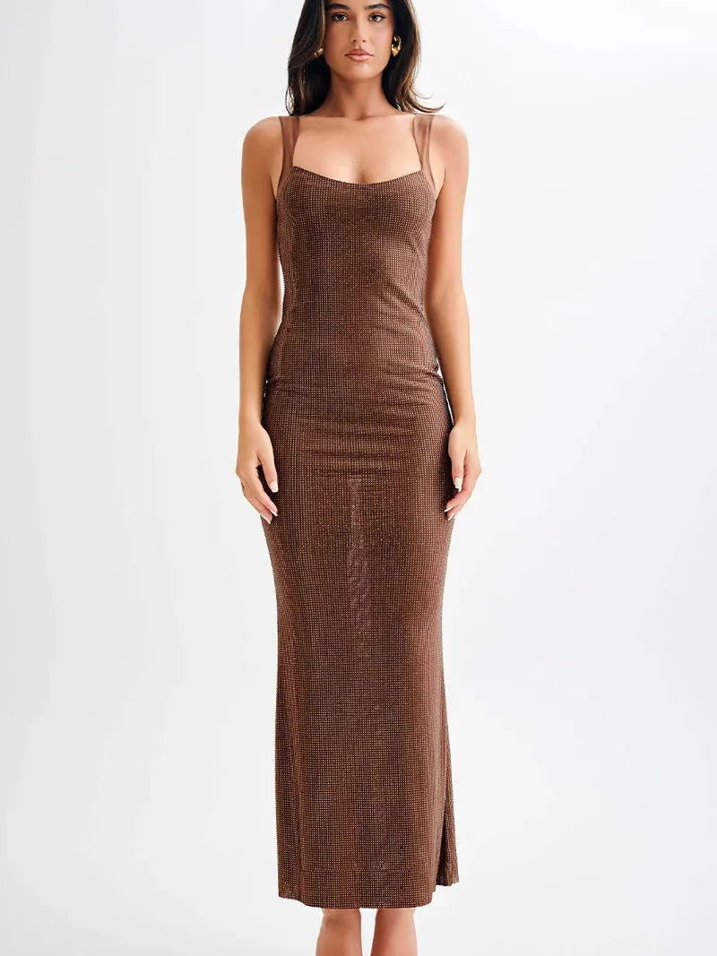 Scoop Neckline Backless Rhinestone Mesh Dress