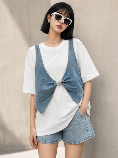Denim waistcoat over oversized white T-shirt with front knot detail.