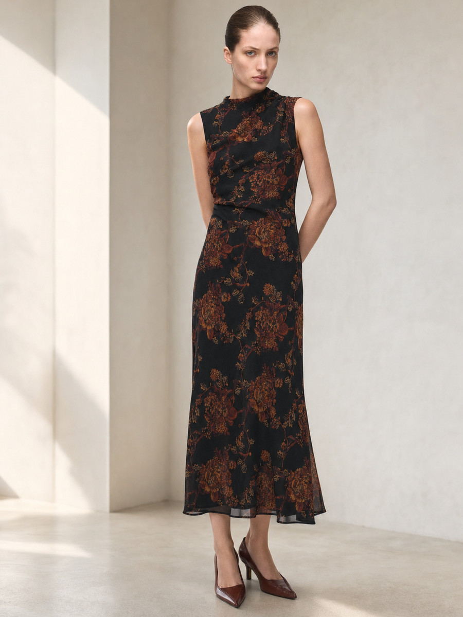 Vintage Floral Satin Maxi Dress, black with burnt-orange floral print; sleeveless, ankle-length.