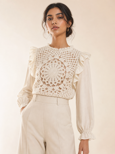 Apricot Floral Crochet Top, cream crochet with long puff sleeves and ruffled neckline.